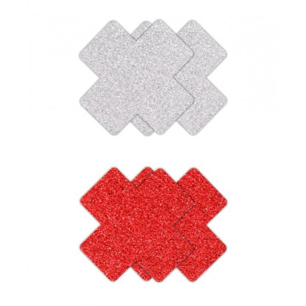 Set of 2 Pairs Pasties Glitter Cross Breast Covers, Silver/Red  657447107856 Fetish