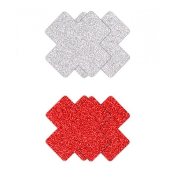 Set of 2 Pairs Pasties Glitter Cross Breast Covers, Silver/Red  657447107856 Fetish