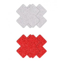 Set of 2 Pairs Pasties Glitter Cross Breast Covers, Silver/Red  657447107856 Fetish Fetish
