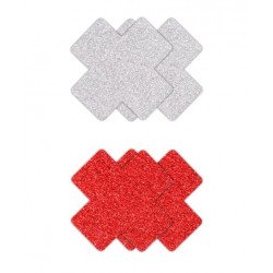 Set of 2 Pairs Pasties Glitter Cross Breast Covers, Silver/Red  657447107856 Fetish Fetish