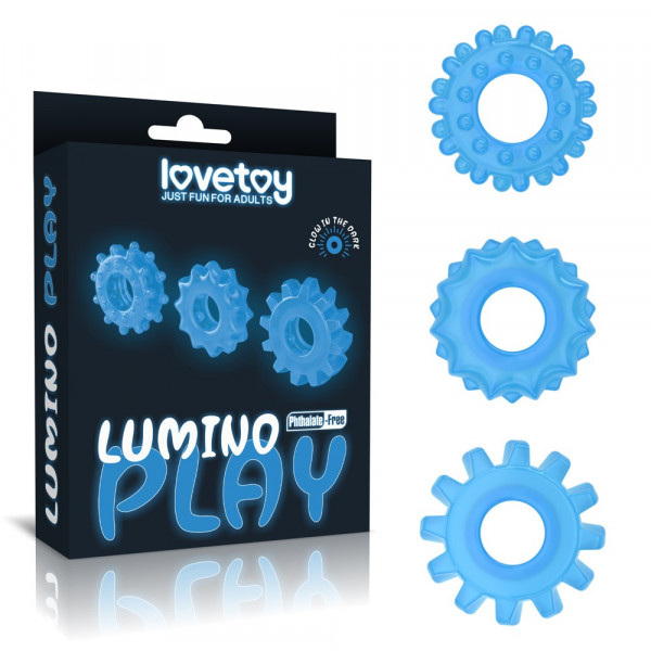 Set of 3 Lumino Play Penis Rings, TPE, Blue  6970260908405 Gyűrűk