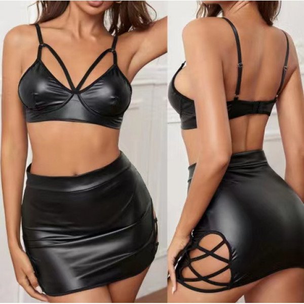 Dark Charm 2 Piece Lingerie Set, Wetlook, Black, M, JGF Lingerie  6427885011879 szett