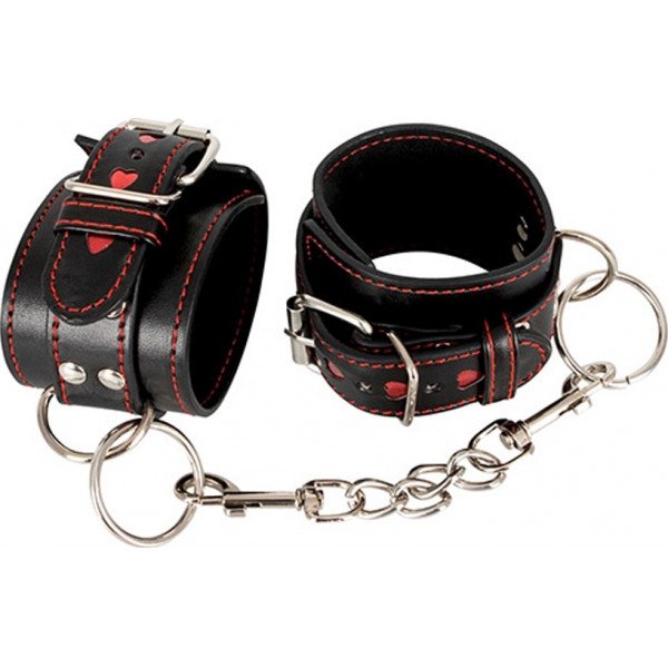 Kérzbilincs karabineres lánccal fekete/piros szívecskes 4024144324712 Bilincsek