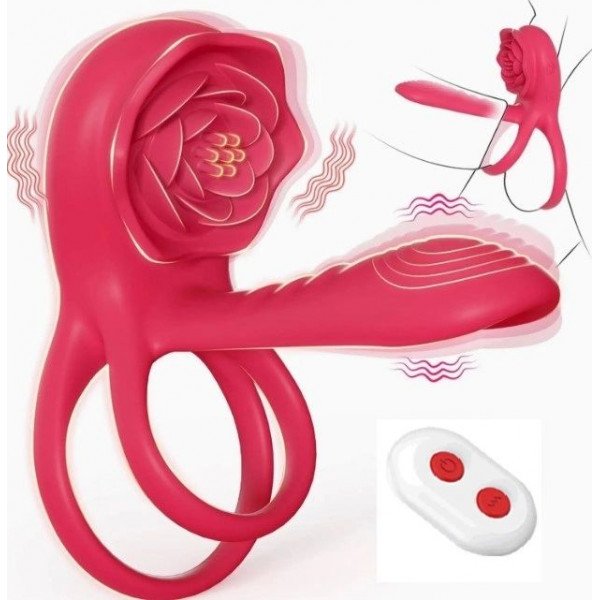 Rosa Penis Ring With Sleeve, Remote Control, 9 Modes, Silicone, USB, Red 6427885017987 Multifunkciós