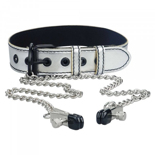 Metallic Silver Collar With Nipple Clamp  6970260906081 Fetish