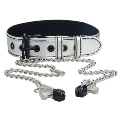 Metallic Silver Collar With Nipple Clamp  6970260906081 Fetish Fetish
