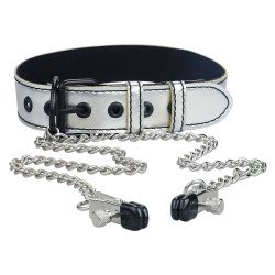 Metallic Silver Collar With Nipple Clamp  6970260906081 Fetish Fetish
