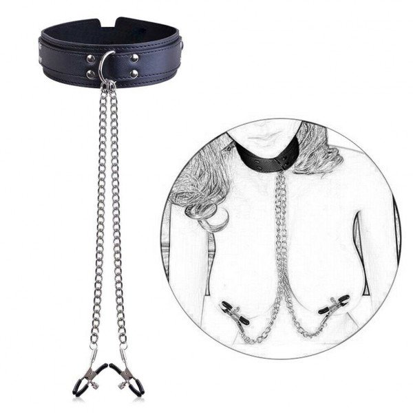 Nipple Clamps Collar with Chain, Black 6427885022080 Fetish