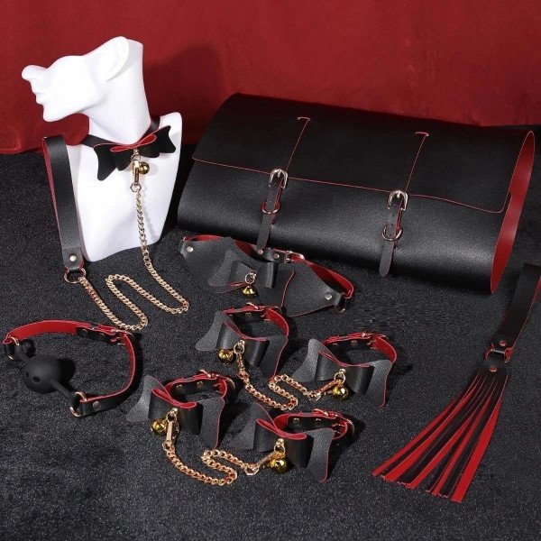 BDSM Kinky 6 Pieces Set with Storage Bag, Eco Leather, Black/Red 6427885022714 szett