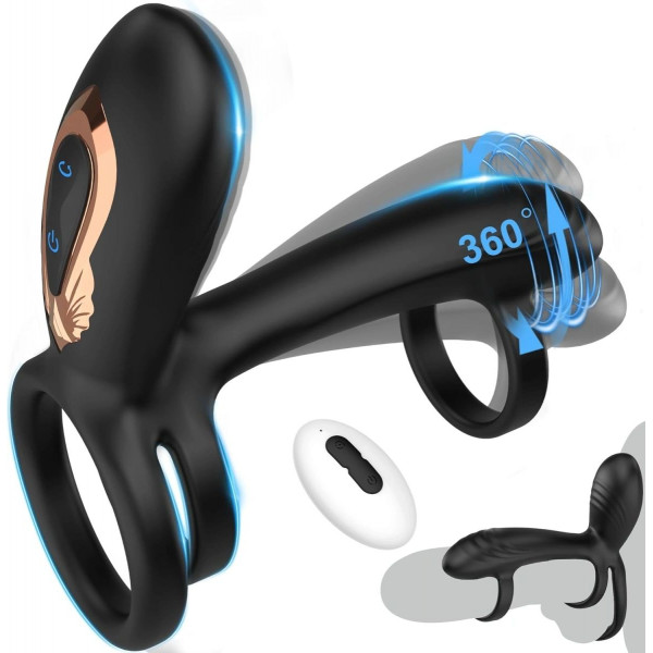 Penis Ring with Vibrations and Rotating Movements, Remote Control, Silicone, USB, Black 6427885028631 Multifunkciós