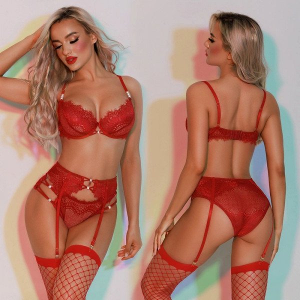 Pearled Passion 3Piece Lingerie Set, Red, 4 Pieces 6427885029263 szett