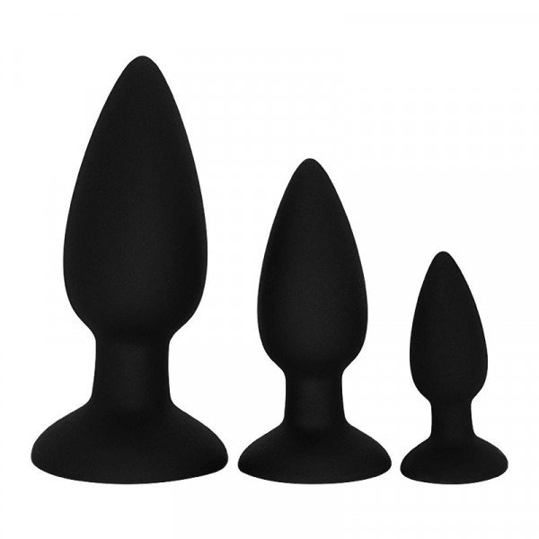 Set of 3 Anal Plugs with Suction Cup, Liquid Silicone, Black 6427885028839 Anál