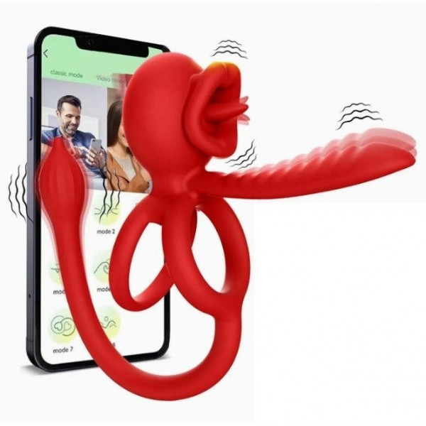 Tongue Licking Penis Ring with Sleeve&Anal Stim, Bluetooth Control, Mobile App, Silicone, USB, Red  6427885030931 Multifunkciós