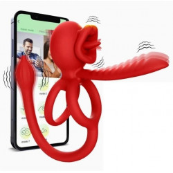 Tongue Licking Penis Ring with Sleeve&Anal Stim, Bluetooth Control, Mobile App, Silicone, USB, Red  6427885030931 Multifunkciós Multifunkciós