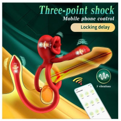 Tongue Licking Penis Ring with Sleeve&Anal Stim, Bluetooth Control, Mobile App, Silicone, USB, Red  6427885030931 Multifunkciós