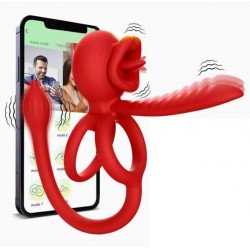 Tongue Licking Penis Ring with Sleeve&Anal Stim, Bluetooth Control, Mobile App, Silicone, USB, Red  6427885030931 Multifunkciós Multifunkciós