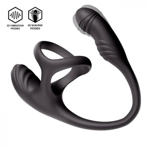 Penis Ring with Anal Stimulator, Bluetooth Control, 10 Vibration Modes, 10 Rotation Modes, Silicone, USB, Black 3427885031054 Multifunkciós